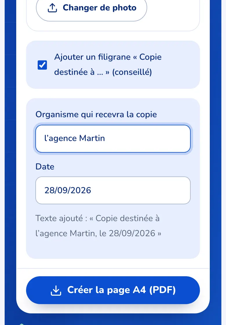 La case filigrane cochée et le champ du destinataire rempli