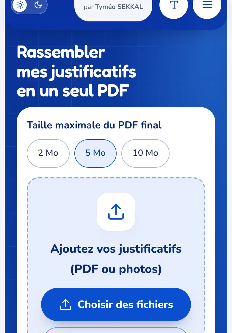 La page « Rassembler des justificatifs » avec le choix de la taille maximale