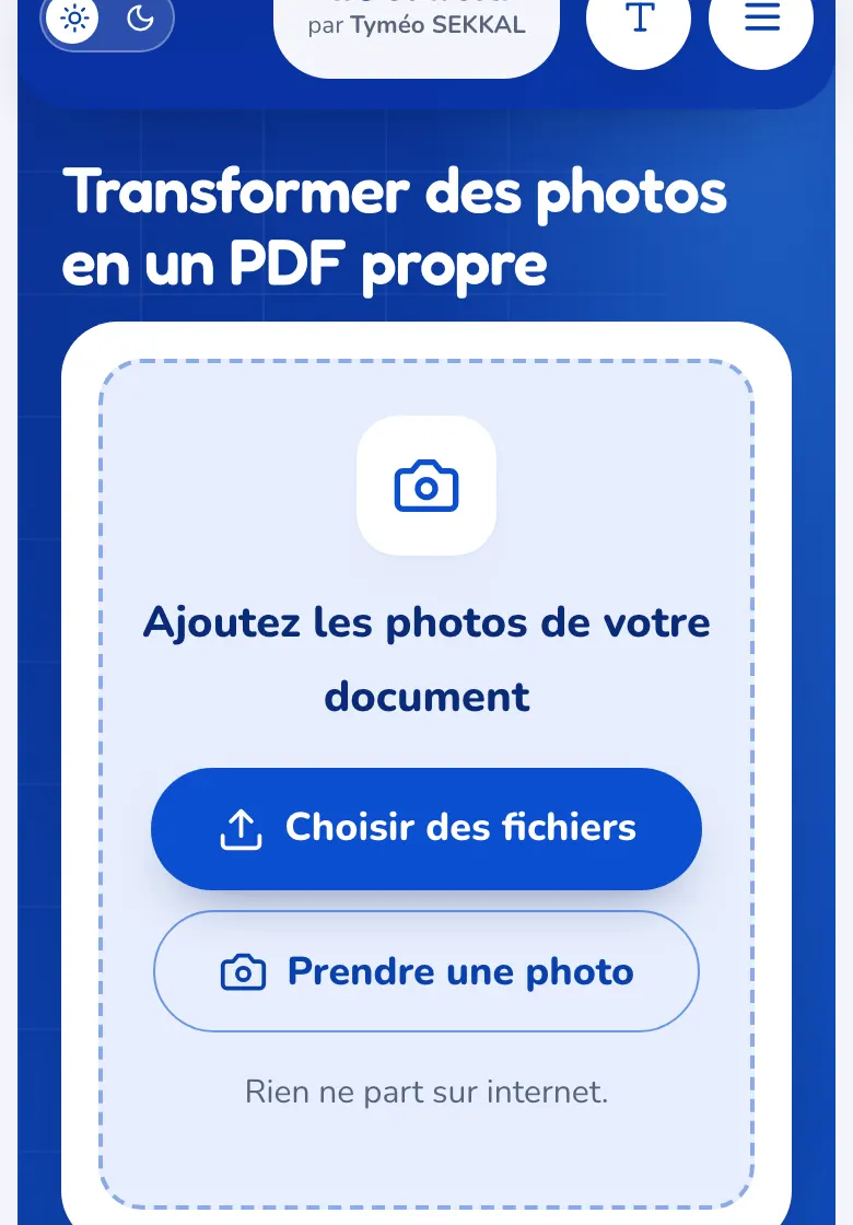 La page « Photo en PDF » avec les boutons pour choisir ou prendre une photo