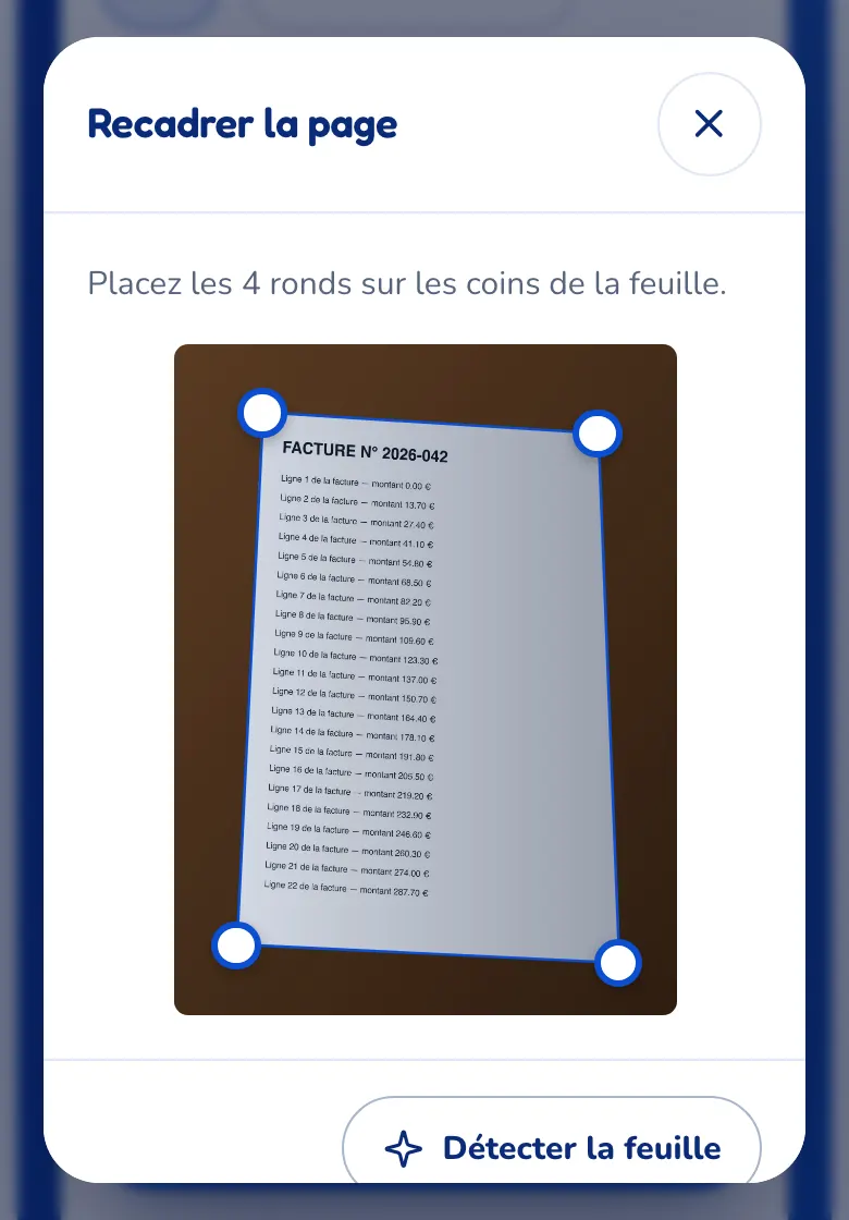 La fenêtre de recadrage avec les 4 coins sur la feuille