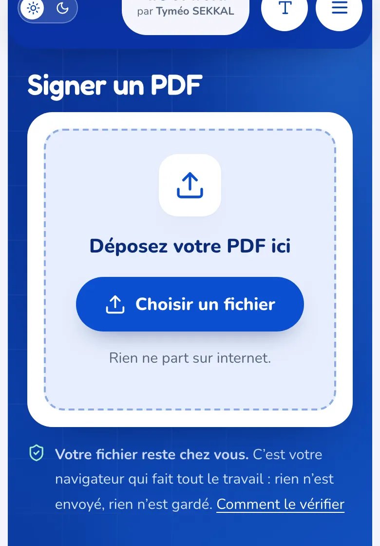 La page « Signer un PDF » avec la zone de dépôt