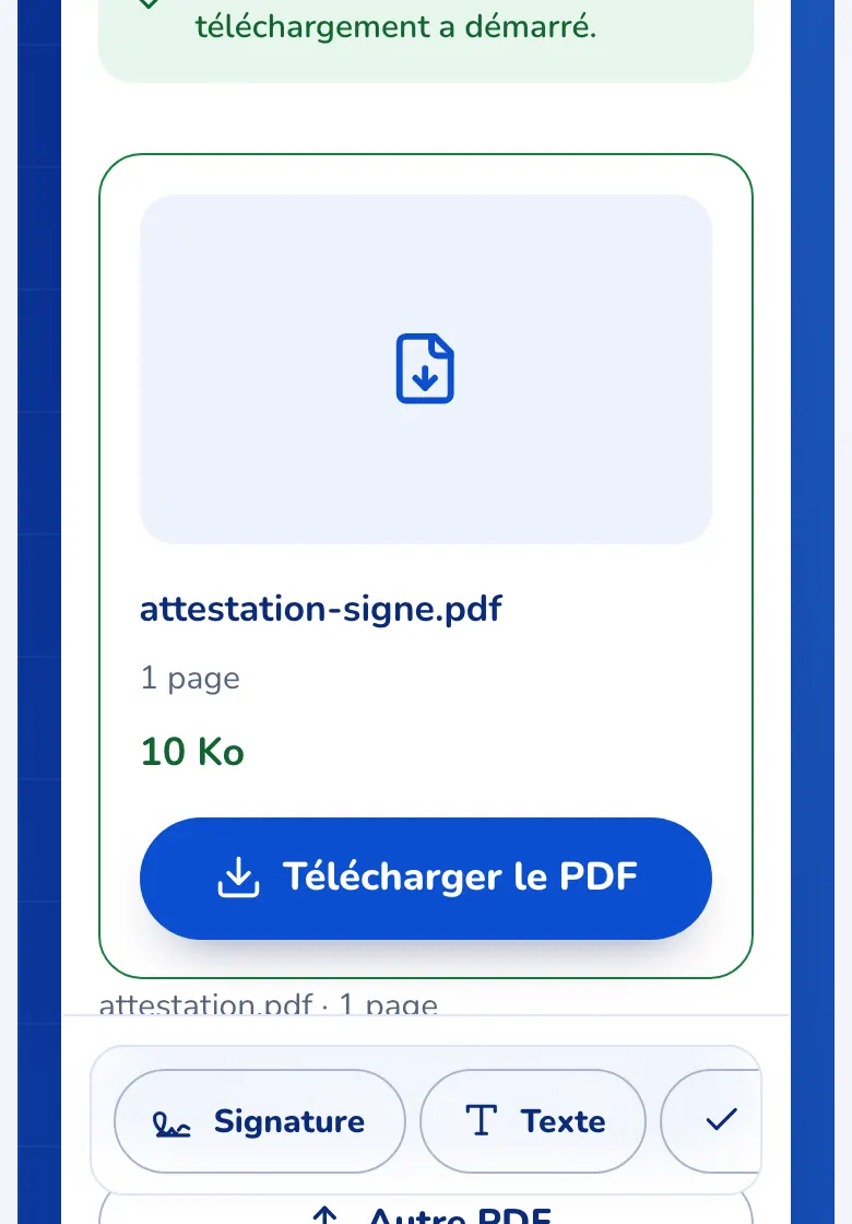 La carte de résultat avec le bouton Télécharger le PDF